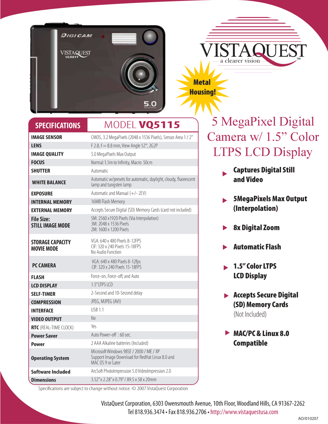 VistaQuest VQ5115 specifications MegaPixel Digital, Camera w/ 1.5 Color Ltps LCD Display, Power Saver Operating System 