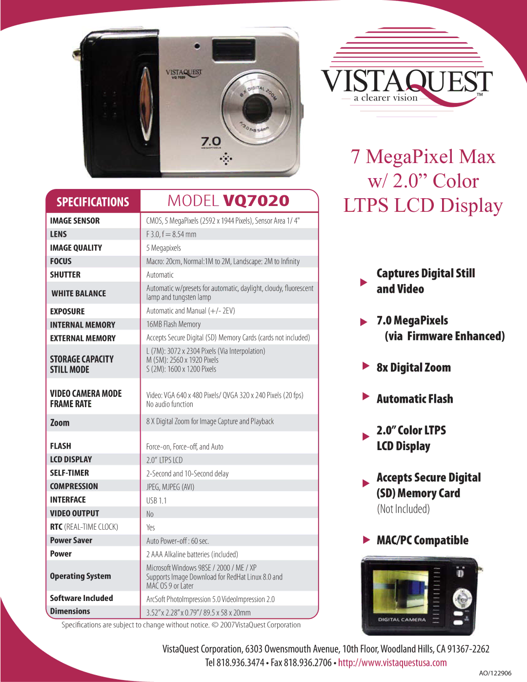 VistaQuest VQ7020 specifications MegaPixel Max Color Ltps LCD Display, Captures Digital Still and Video MegaPixels, Zoom 