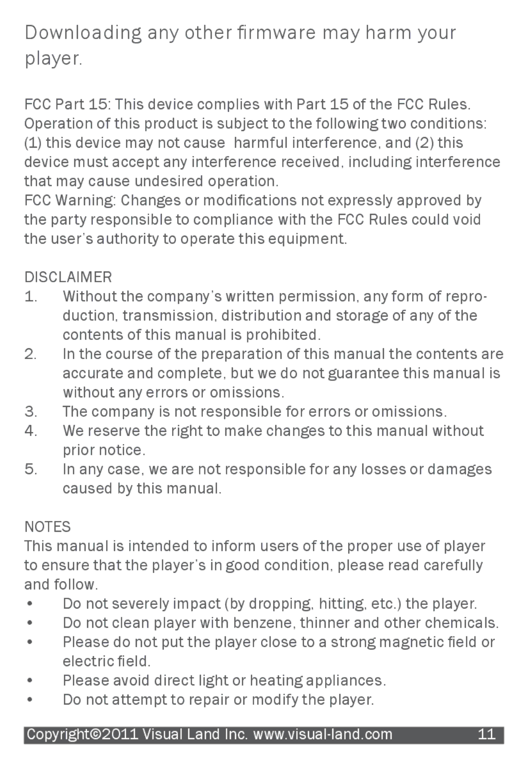 Visual Land 507K manual Downloading any other firmware may harm your player 