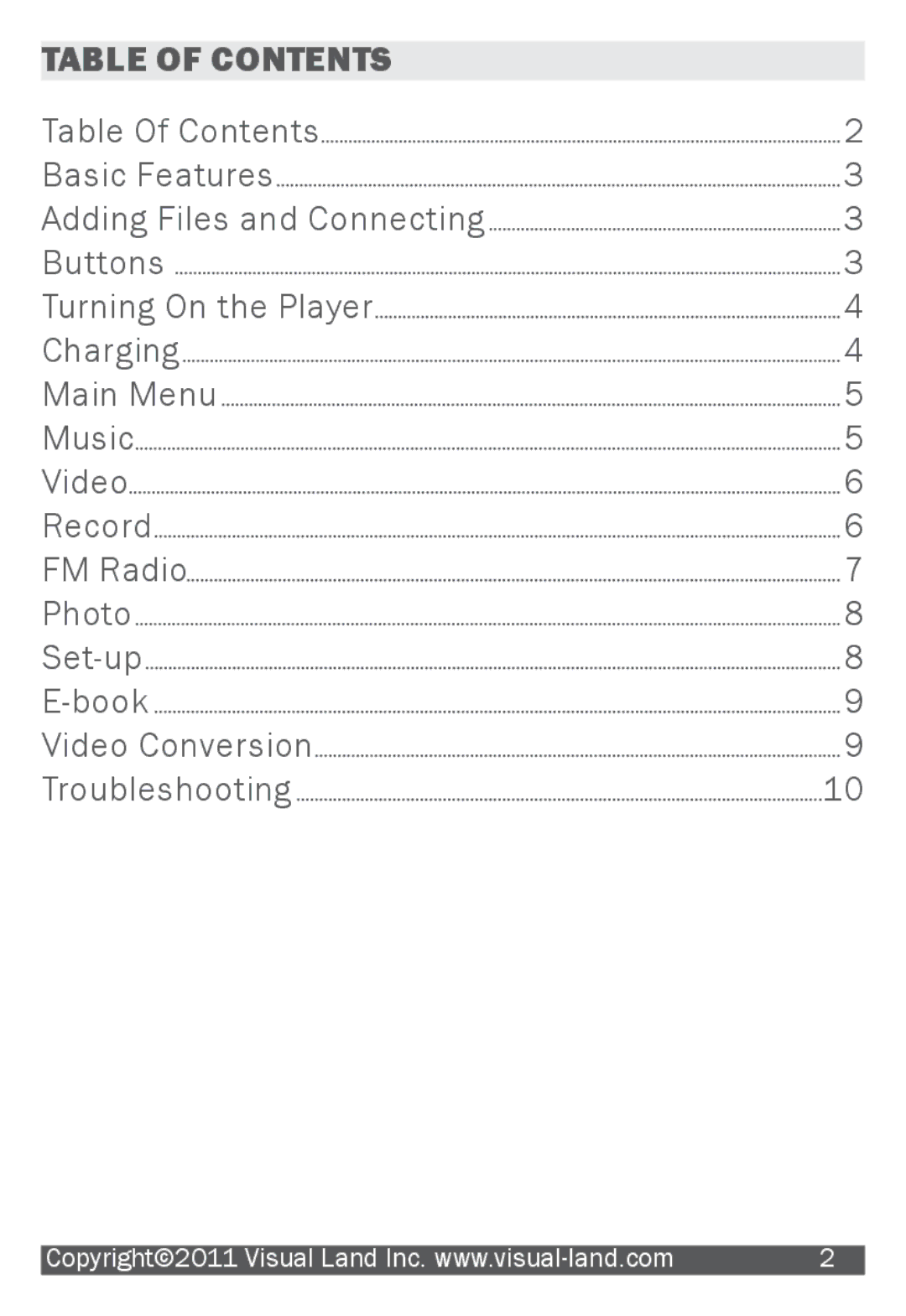 Visual Land 507K manual Table of Contents 