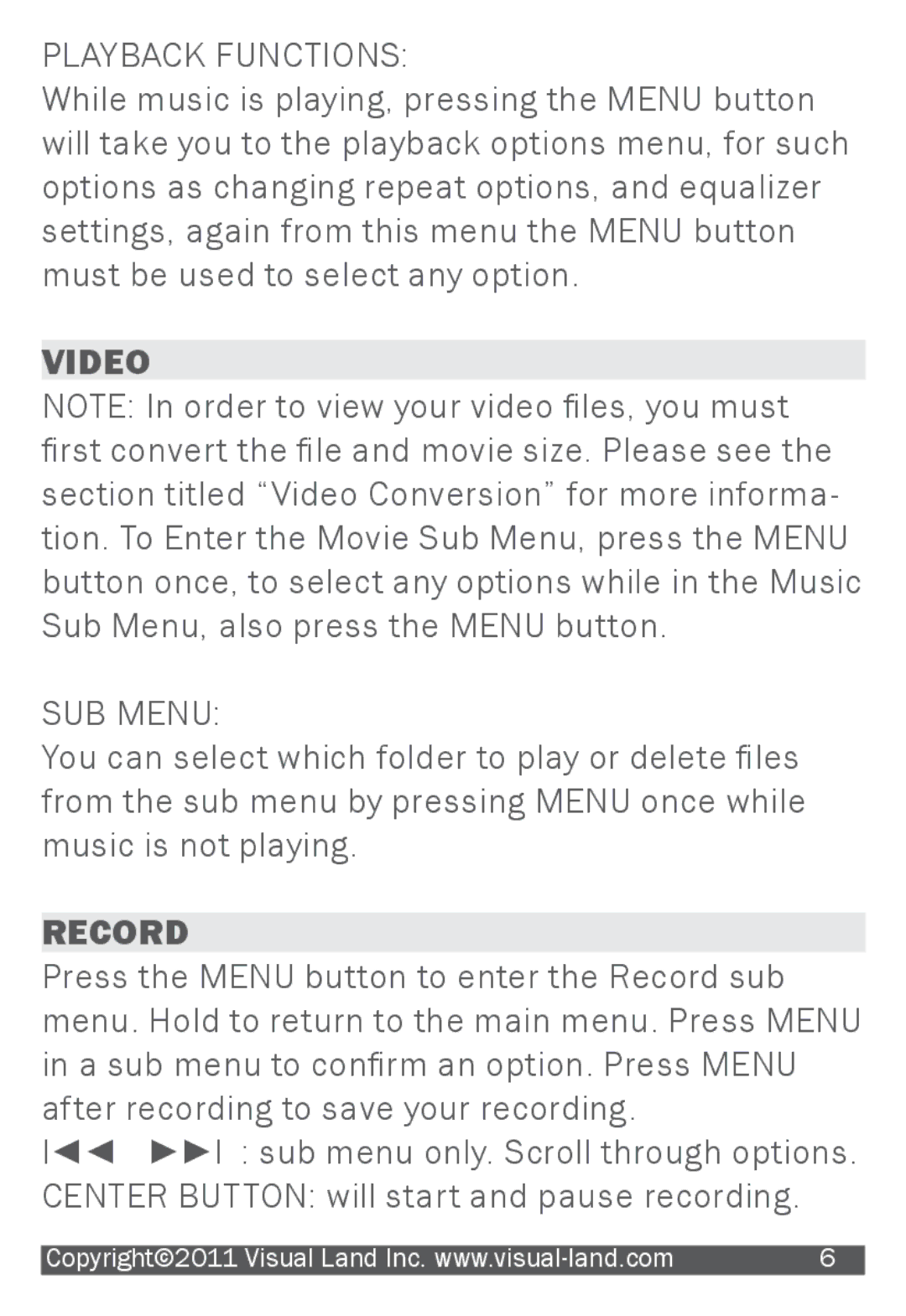 Visual Land 507K manual Playback Functions, Video, SUB Menu, Record 