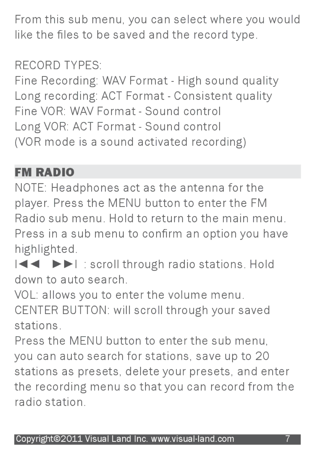 Visual Land 507K manual Record Types, FM Radio 