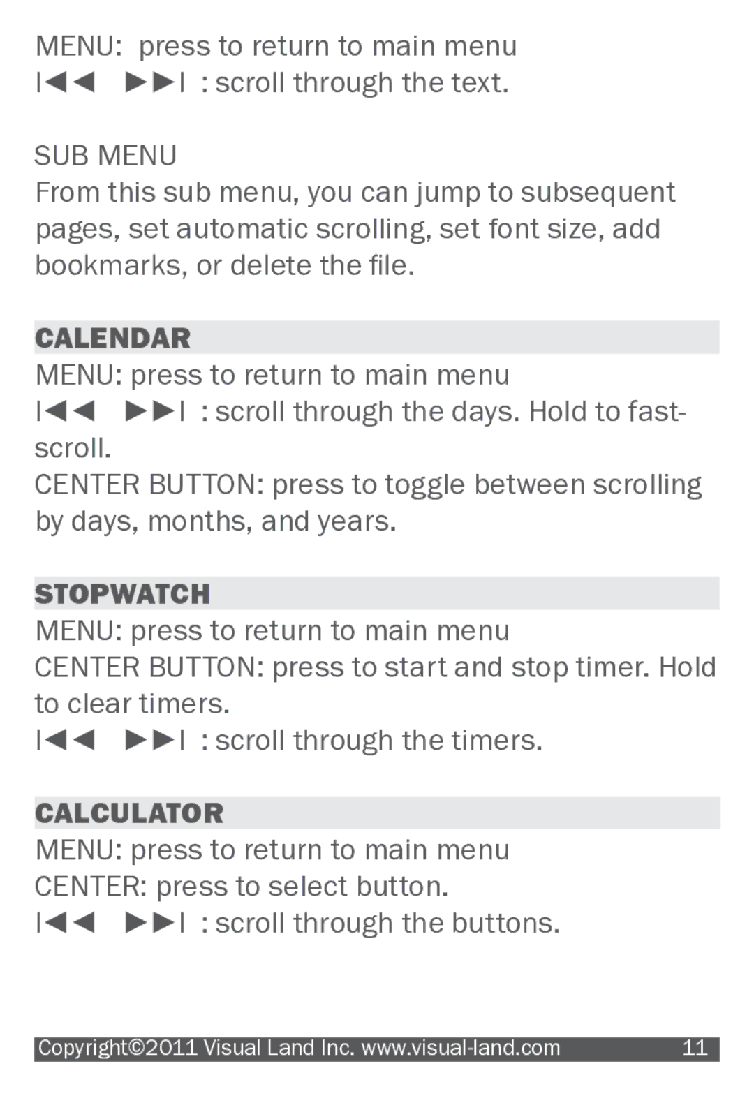 Visual Land 607 manual Calendar, Stopwatch, Calculator 