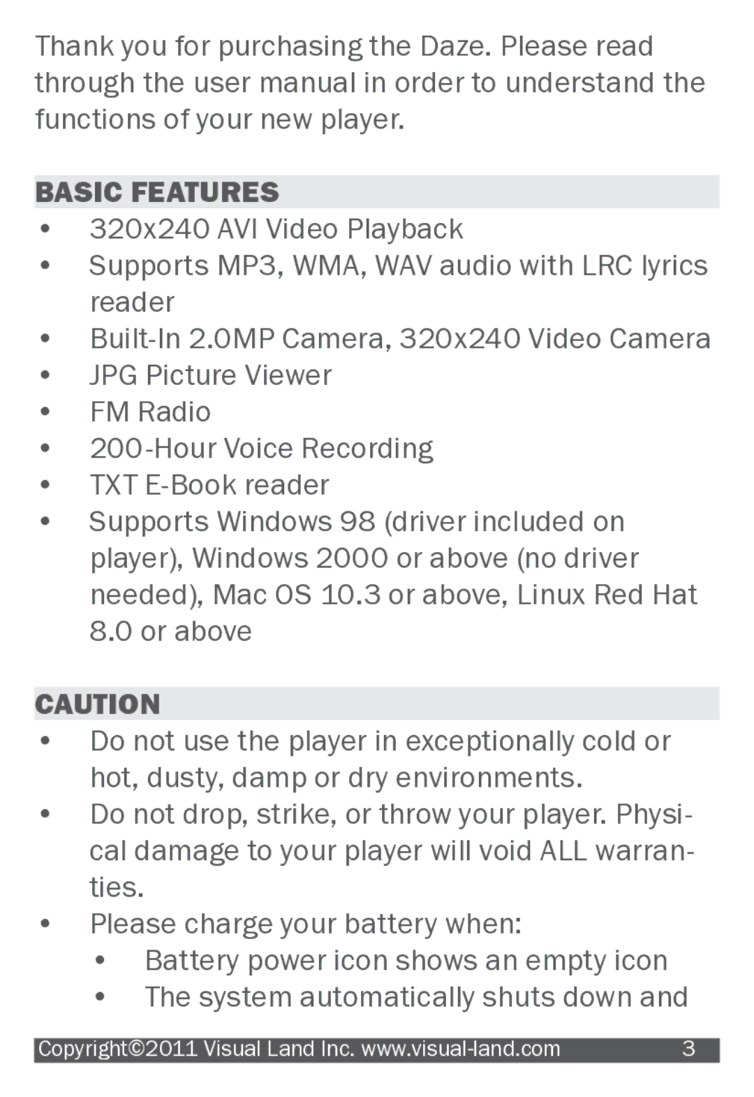 Visual Land 607 manual Basic Features 