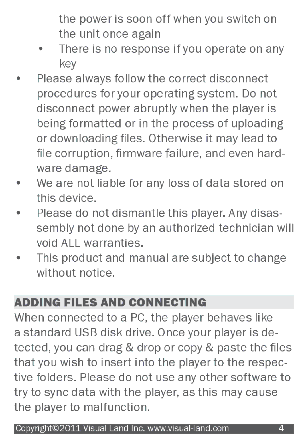 Visual Land 607 manual Adding Files and Connecting 