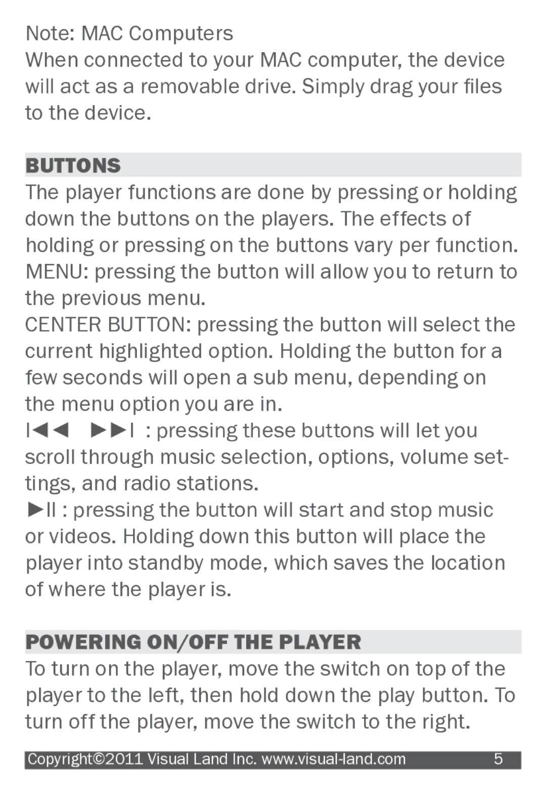 Visual Land 607 manual Buttons, Powering ON/OFF the Player 