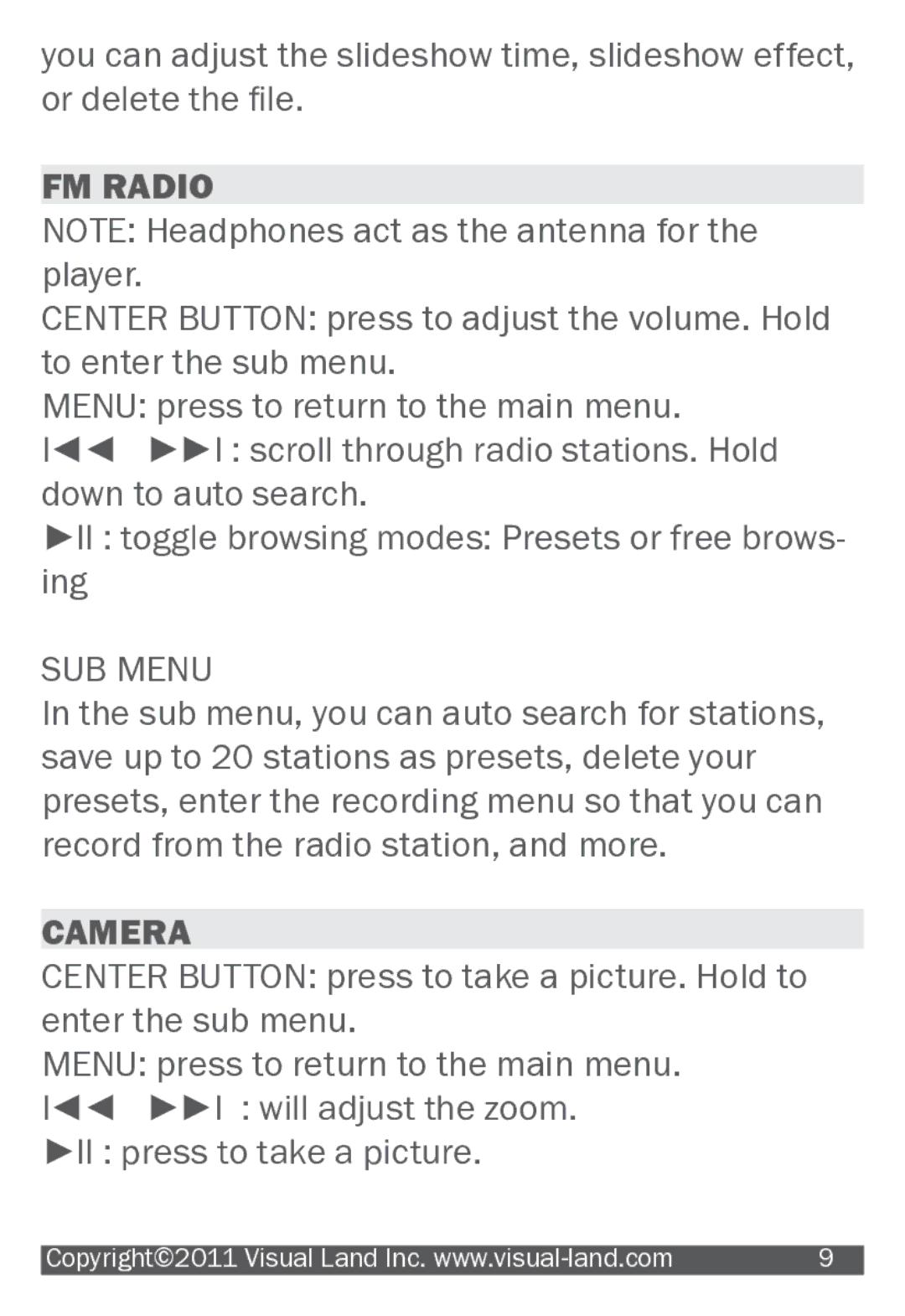 Visual Land 607 manual FM Radio, Camera 