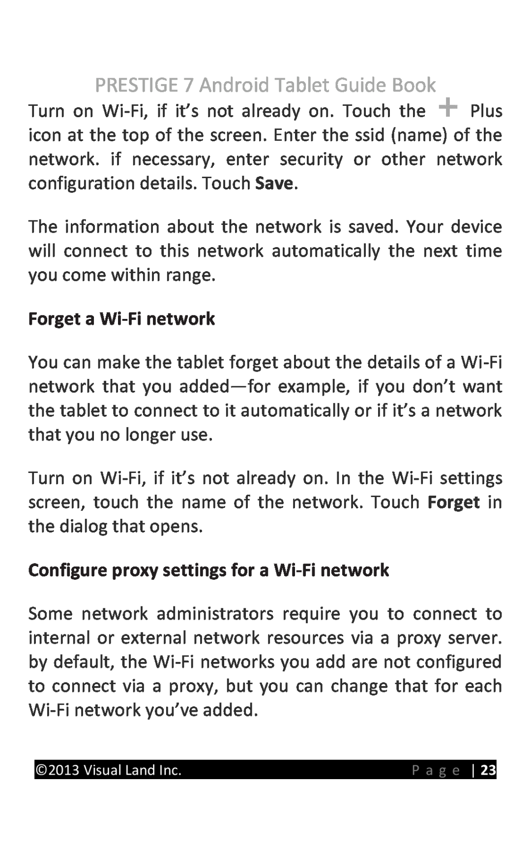 Visual Land Forget a Wi-Fi network, Configure proxy settings for a Wi-Fi network, PRESTIGE 7 Android Tablet Guide Book 