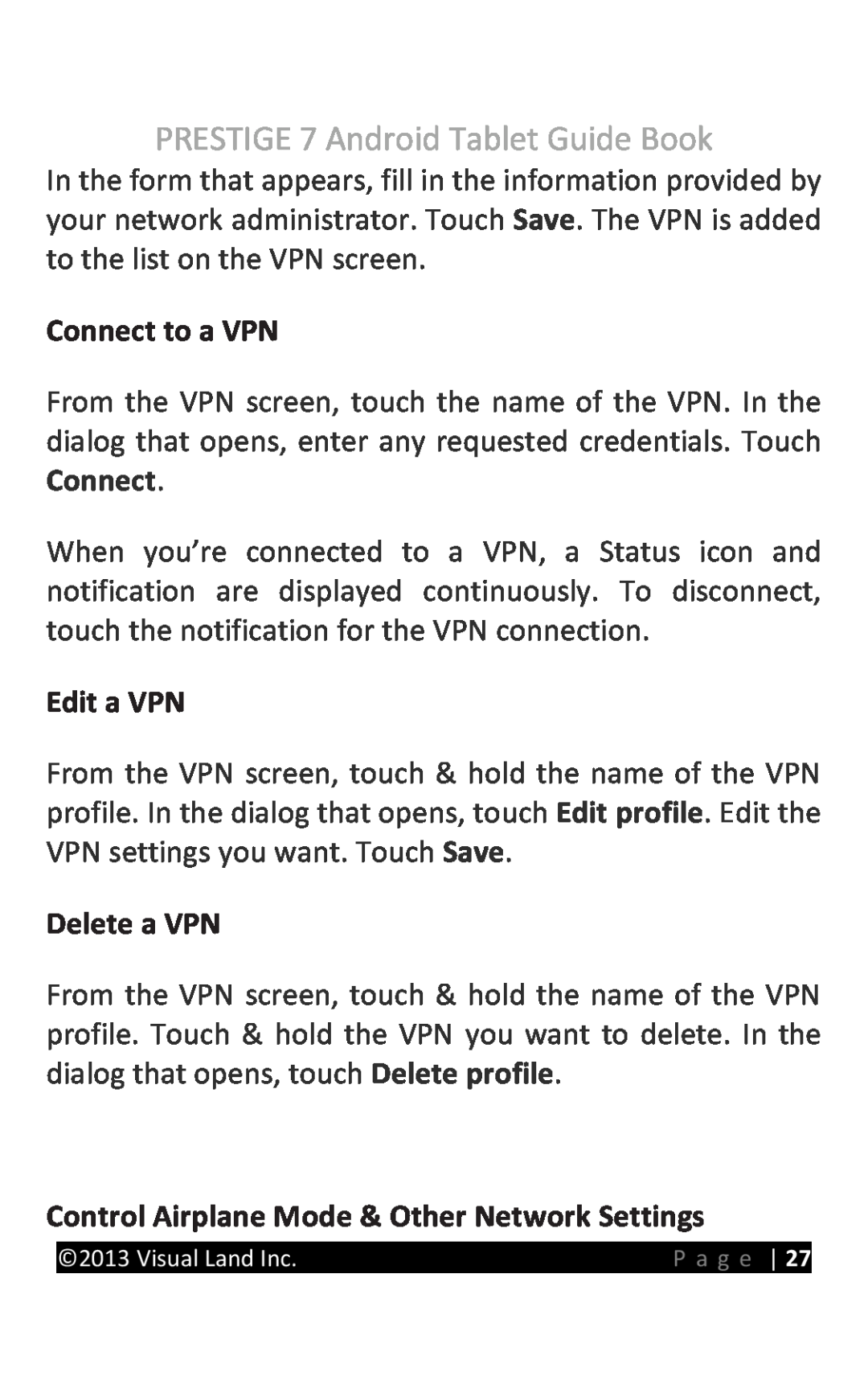 Visual Land 7D8TCBLK manual Connect to a VPN, Edit a VPN, Delete a VPN, Control Airplane Mode & Other Network Settings 