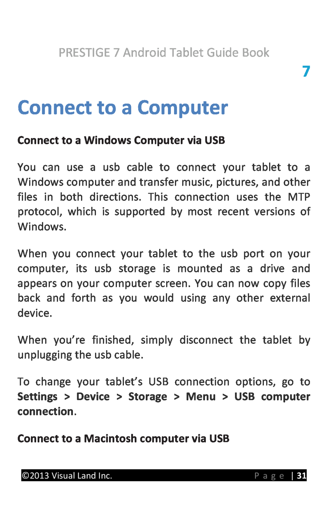 Visual Land 7 manual Connect to a Computer, Connect to a Windows Computer via USB, Connect to a Macintosh computer via USB 