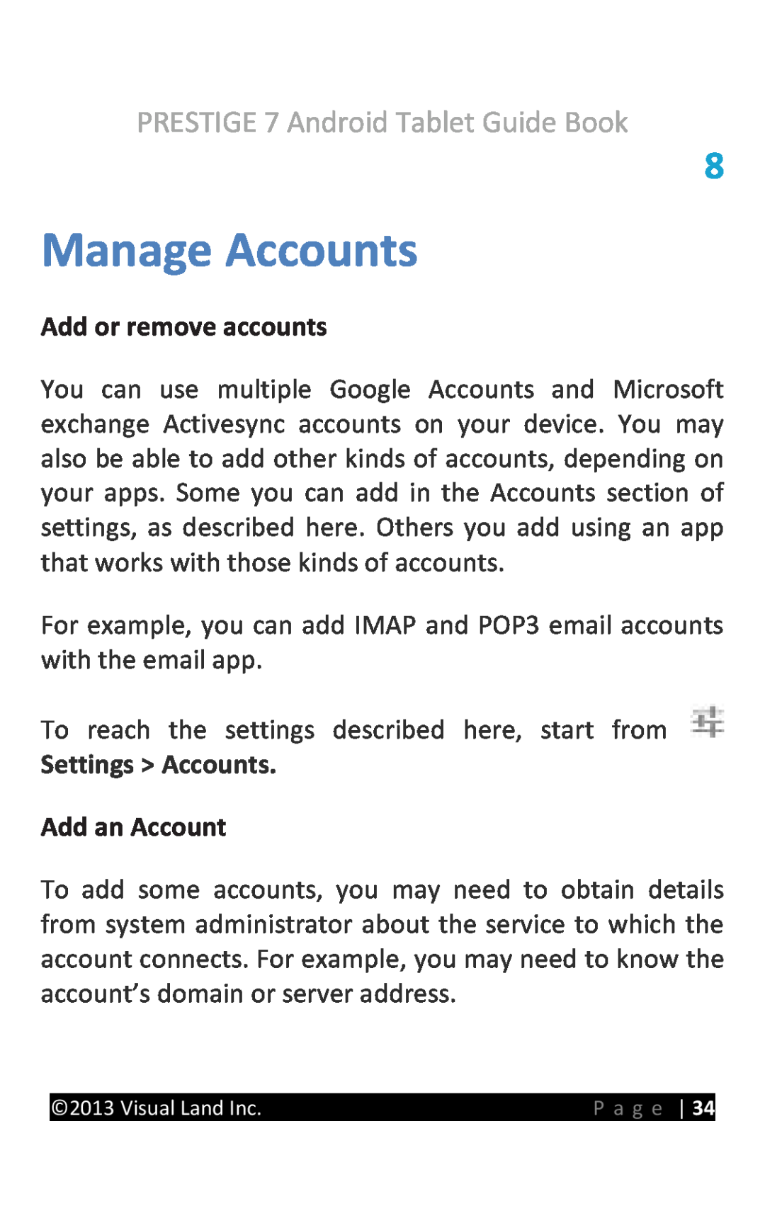 Visual Land 7D8TCBLK manual Manage Accounts, Add or remove accounts, Settings Accounts, Add an Account 