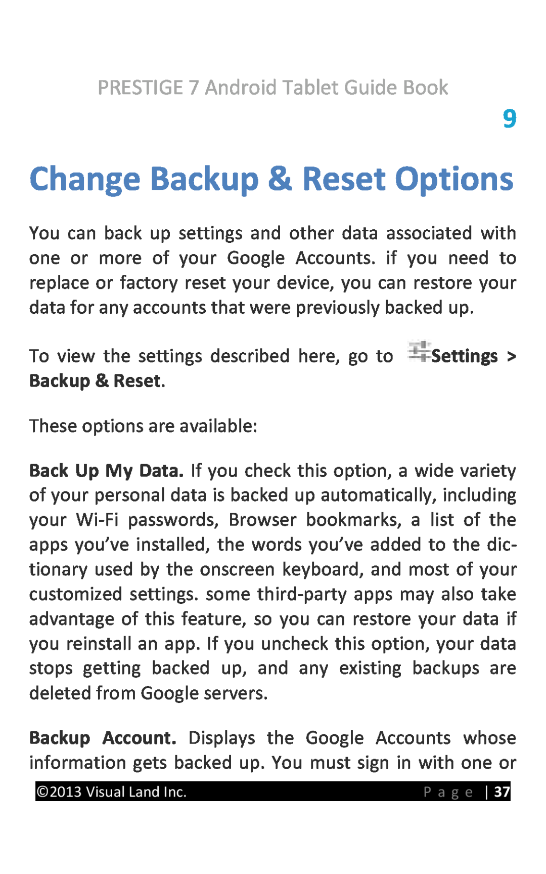 Visual Land 7D8TCBLK manual Change Backup & Reset Options, PRESTIGE 7 Android Tablet Guide Book 
