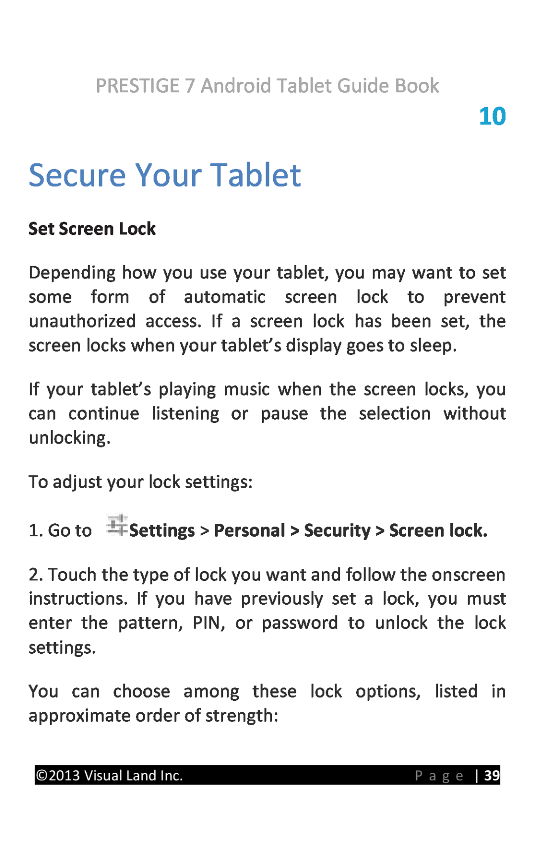 Visual Land 7D8TCBLK manual Secure Your Tablet, Set Screen Lock, Go to Settings Personal Security Screen lock 