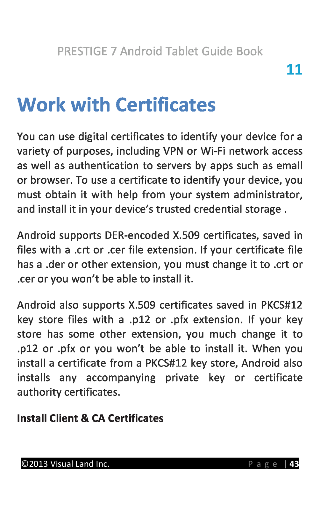 Visual Land 7D8TCBLK Work with Certificates, Install Client & CA Certificates, PRESTIGE 7 Android Tablet Guide Book 