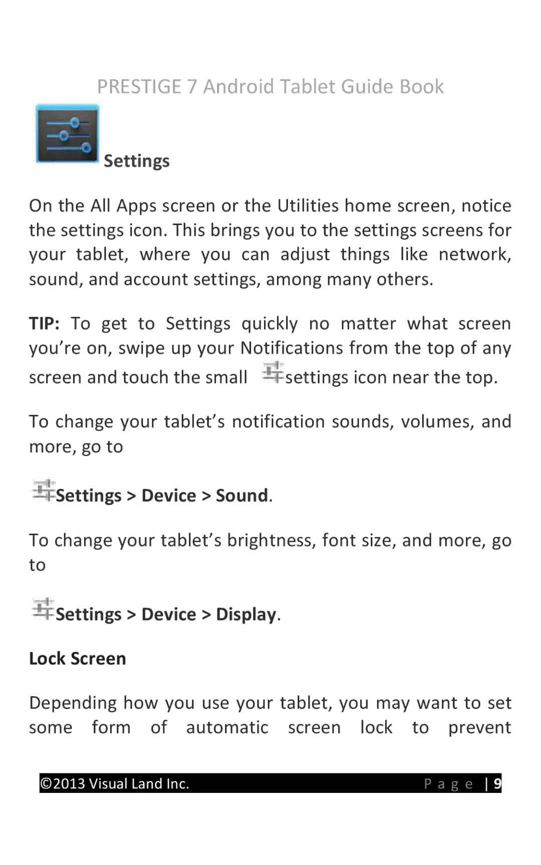 Visual Land 7D8TCBLK manual Settings Device Sound, Settings Device Display, Lock Screen 