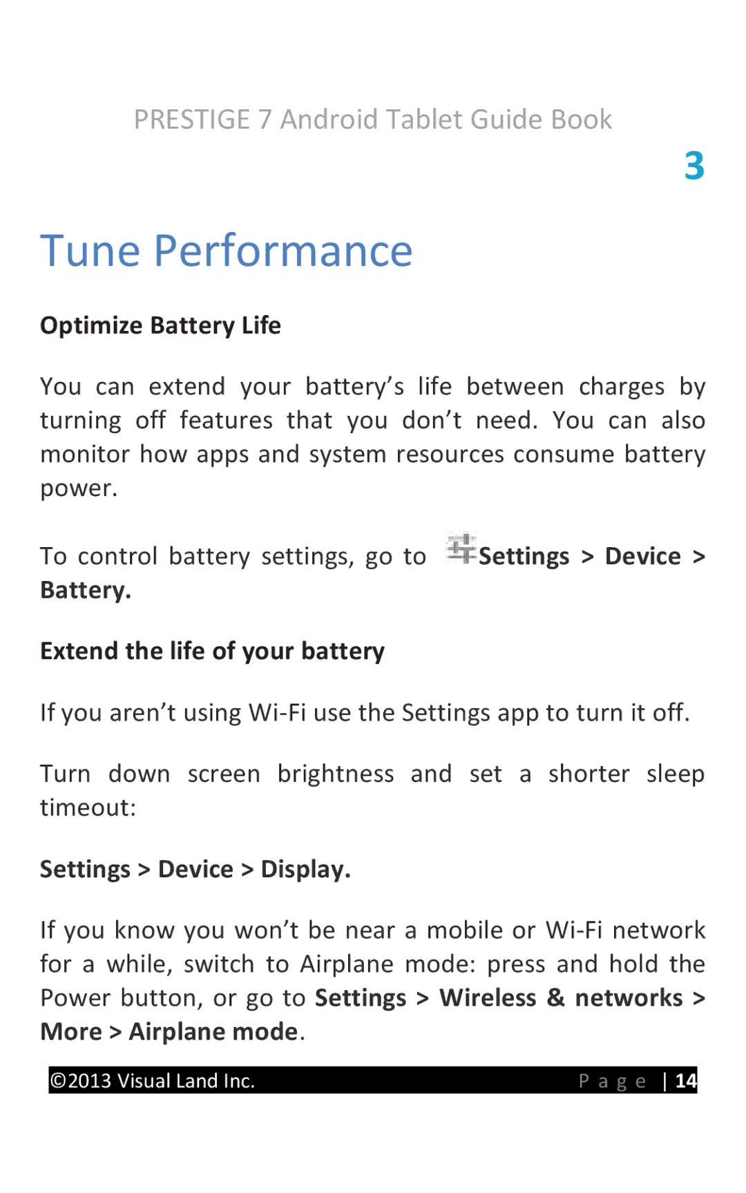 Visual Land 7D8TCBLK manual Optimize Battery Life, Extend the life of your battery 