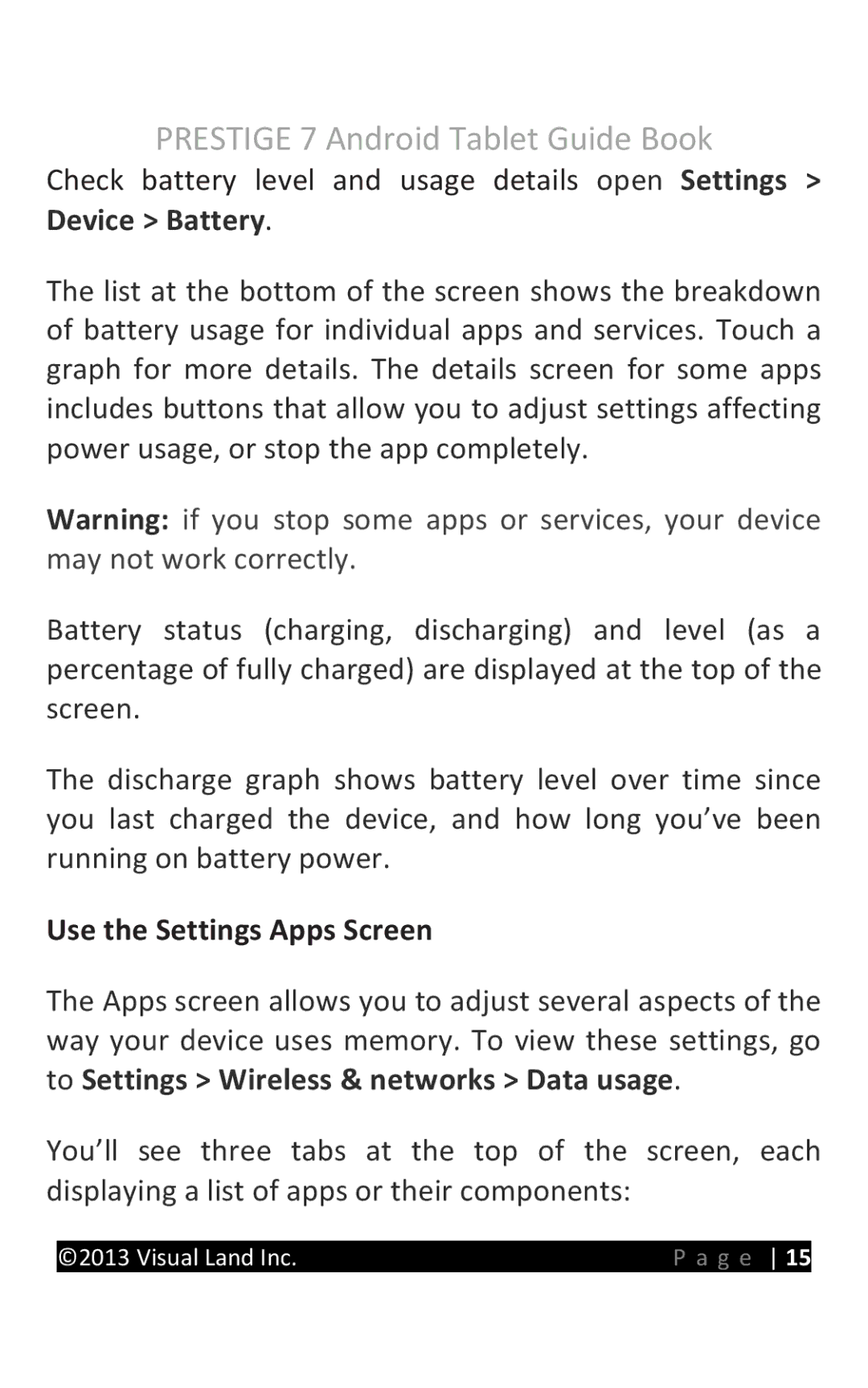 Visual Land 7D8TCBLK manual Use the Settings Apps Screen 