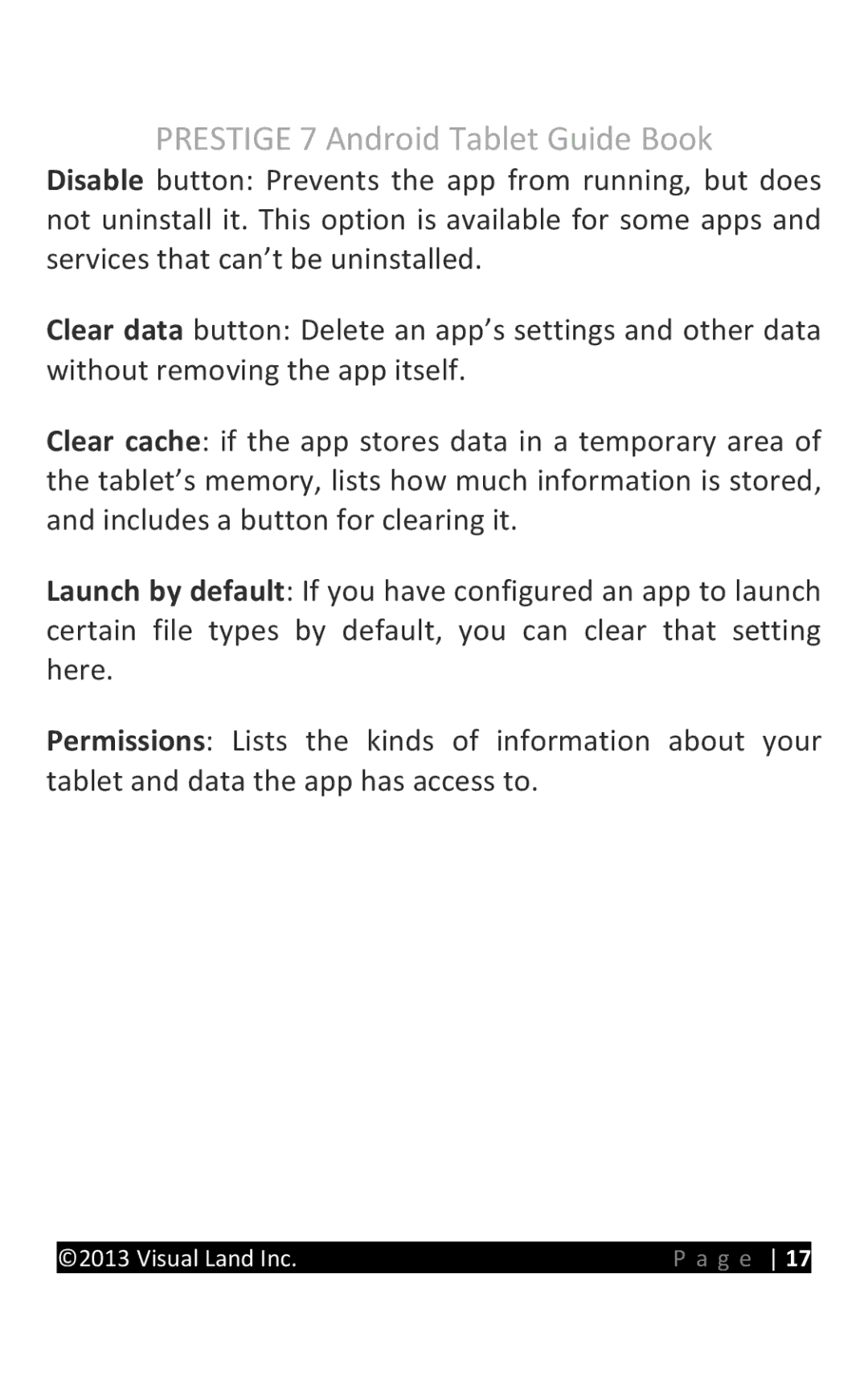 Visual Land 7D8TCBLK manual Prestige 7 Android Tablet Guide Book 
