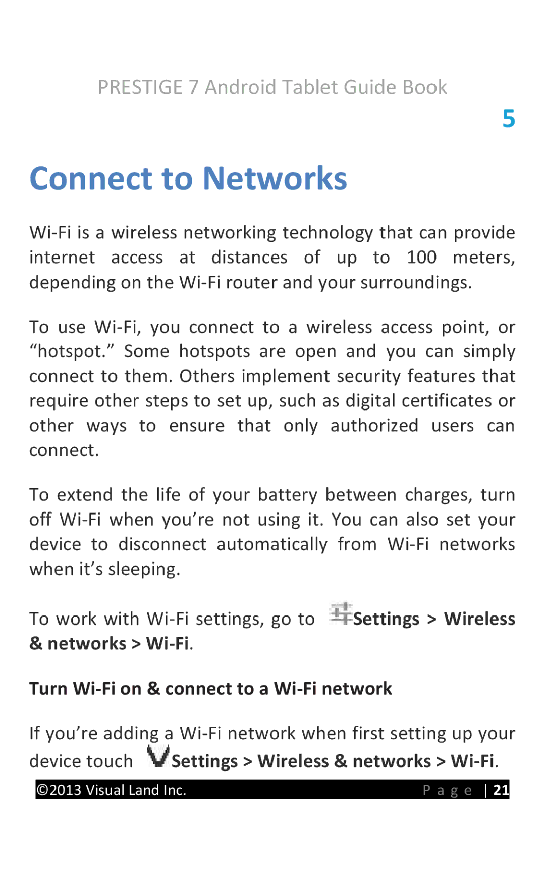 Visual Land 7D8TCBLK manual Connect to Networks, Turn Wi-Fi on & connect to a Wi-Fi network 