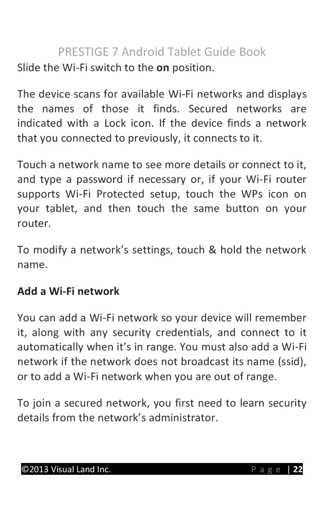 Visual Land 7D8TCBLK manual Add a Wi-Fi network 