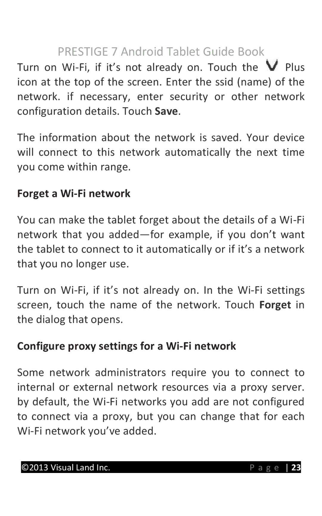 Visual Land 7D8TCBLK manual Forget a Wi-Fi network, Configure proxy settings for a Wi-Fi network 