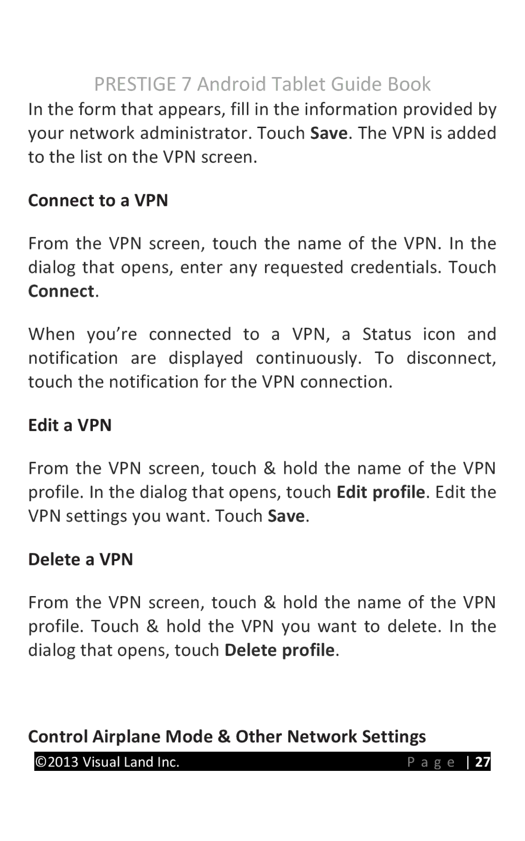 Visual Land 7D8TCBLK manual Connect to a VPN, Edit a VPN, Delete a VPN, Control Airplane Mode & Other Network Settings 