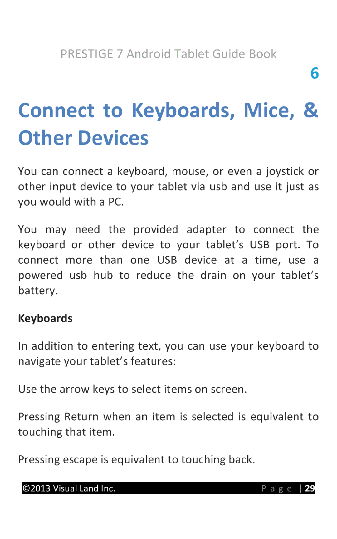 Visual Land 7D8TCBLK manual Connect to Keyboards, Mice, & Other Devices 