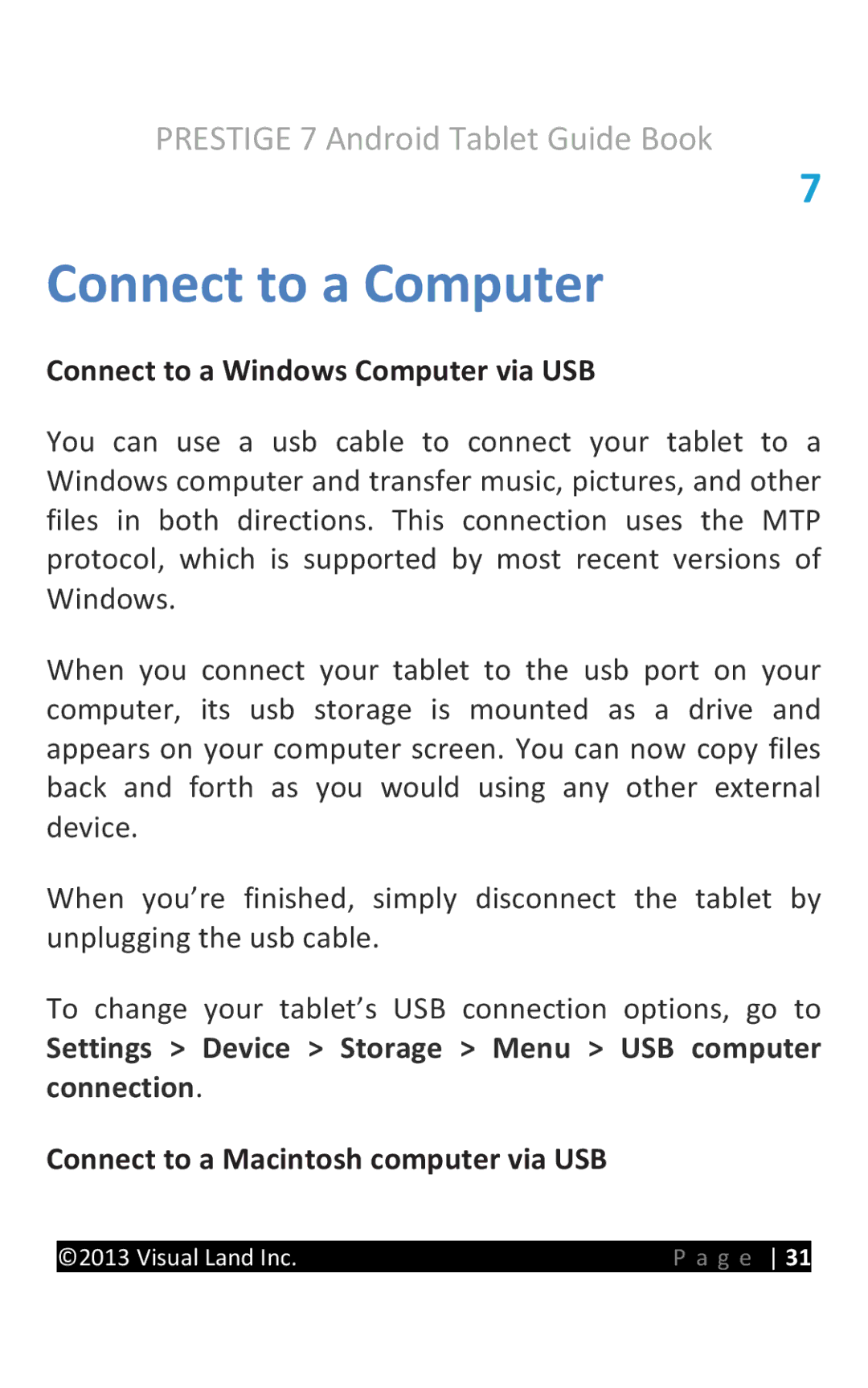 Visual Land 7 manual Connect to a Computer, Connect to a Windows Computer via USB, Connect to a Macintosh computer via USB 