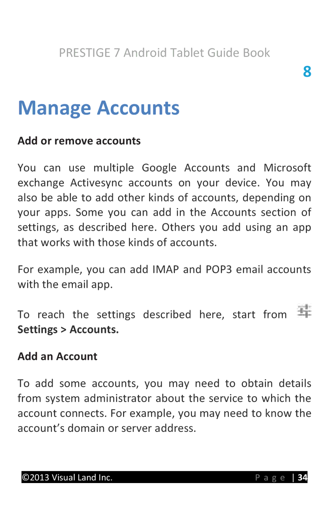 Visual Land 7D8TCBLK manual Manage Accounts, Add or remove accounts, Settings Accounts, Add an Account 