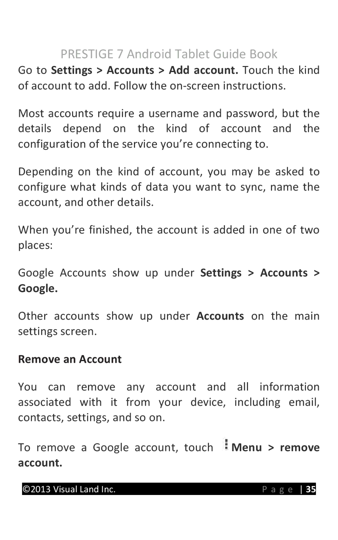 Visual Land 7D8TCBLK manual Google, Remove an Account 