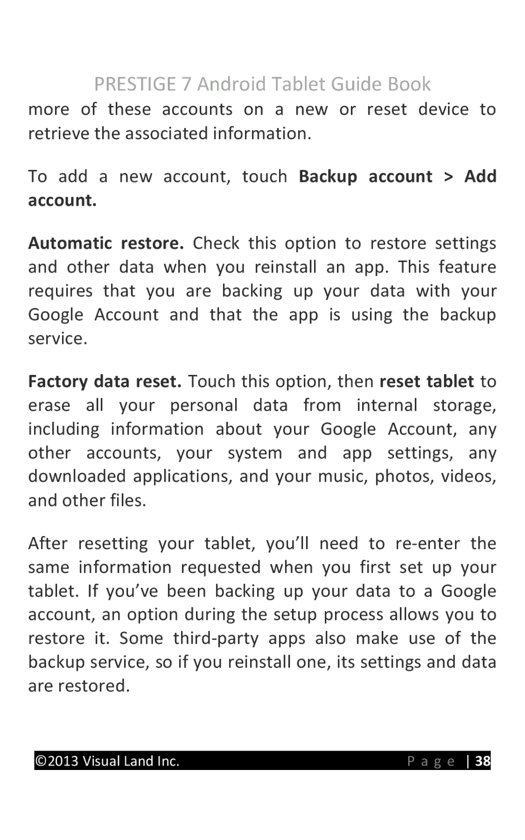 Visual Land 7D8TCBLK manual Prestige 7 Android Tablet Guide Book 