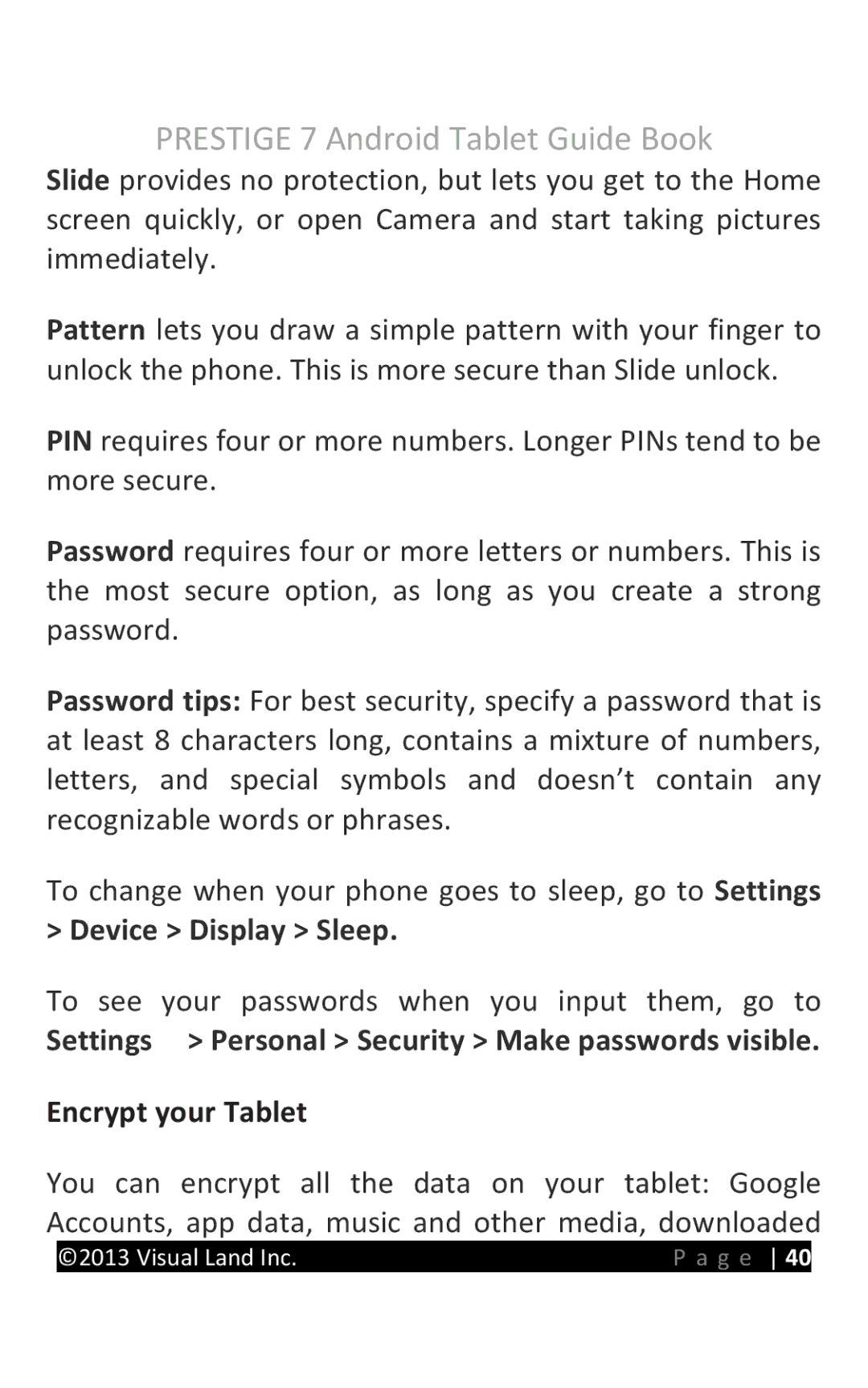 Visual Land 7D8TCBLK manual Settings Personal Security Make passwords visible, Encrypt your Tablet 