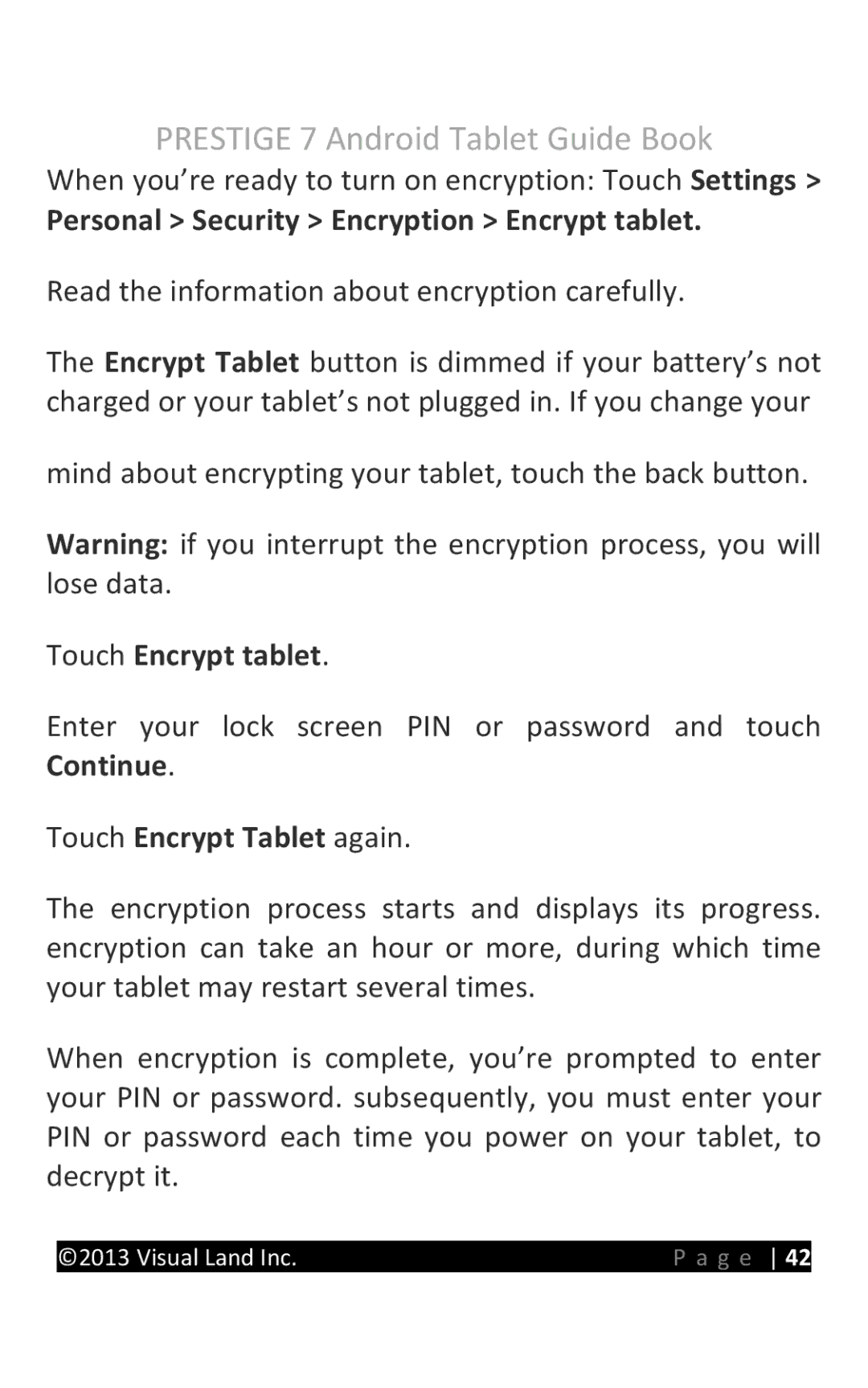 Visual Land 7D8TCBLK manual Personal Security Encryption Encrypt tablet, Touch Encrypt tablet, Touch Encrypt Tablet again 