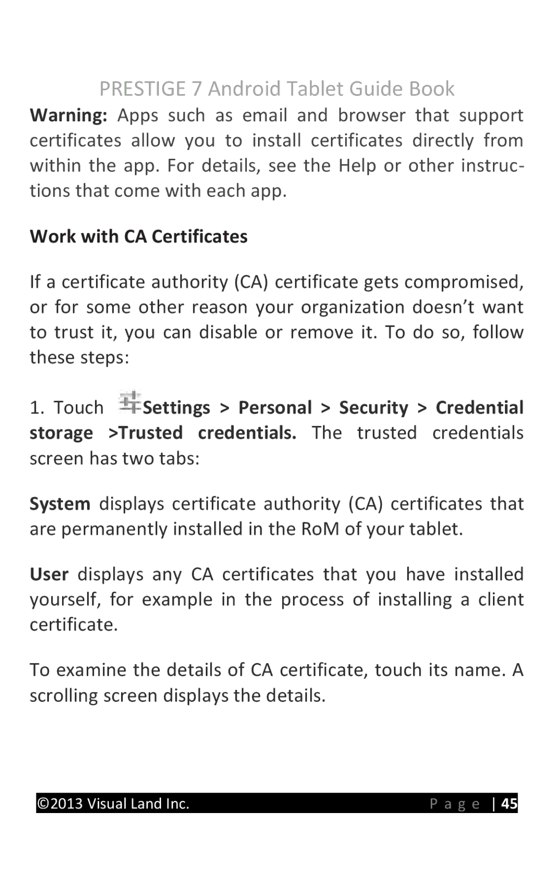 Visual Land 7D8TCBLK manual Work with CA Certificates 