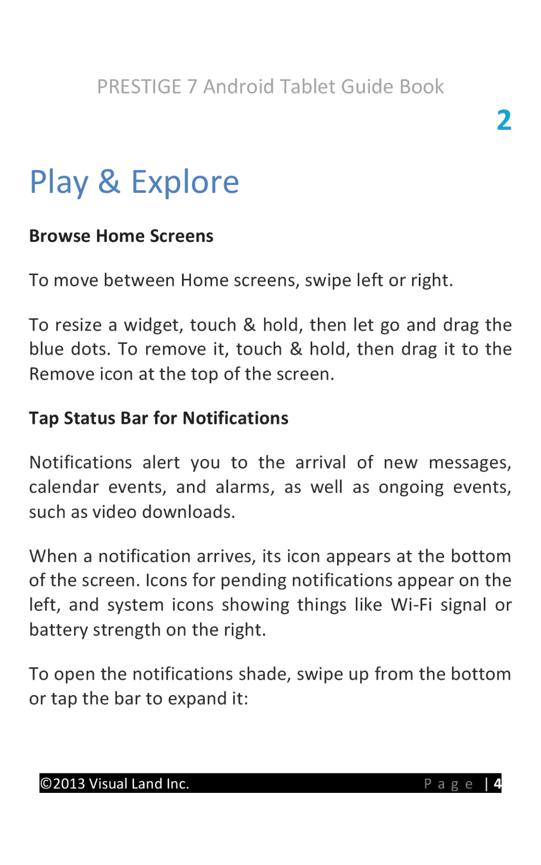 Visual Land 7D8TCBLK manual Browse Home Screens, Tap Status Bar for Notifications 
