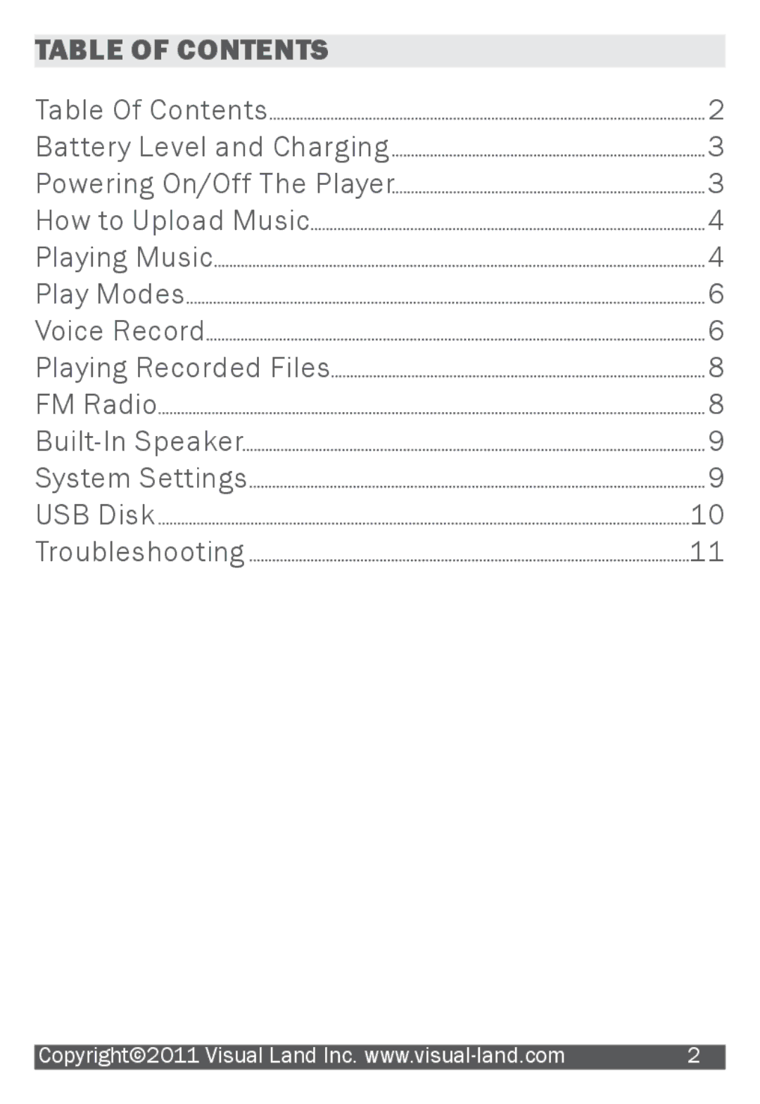 Visual Land 903 manual Table of Contents 