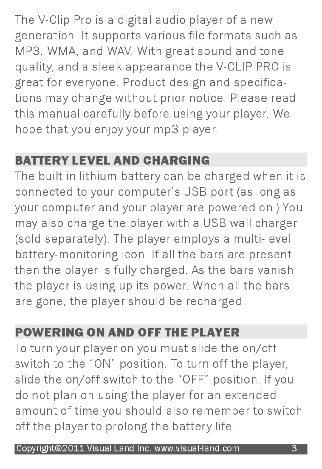 Visual Land 903 manual Battery Level and Charging, Powering on and OFF the Player 