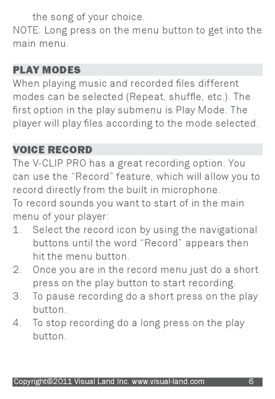 Visual Land 903 manual Play Modes, Voice Record 