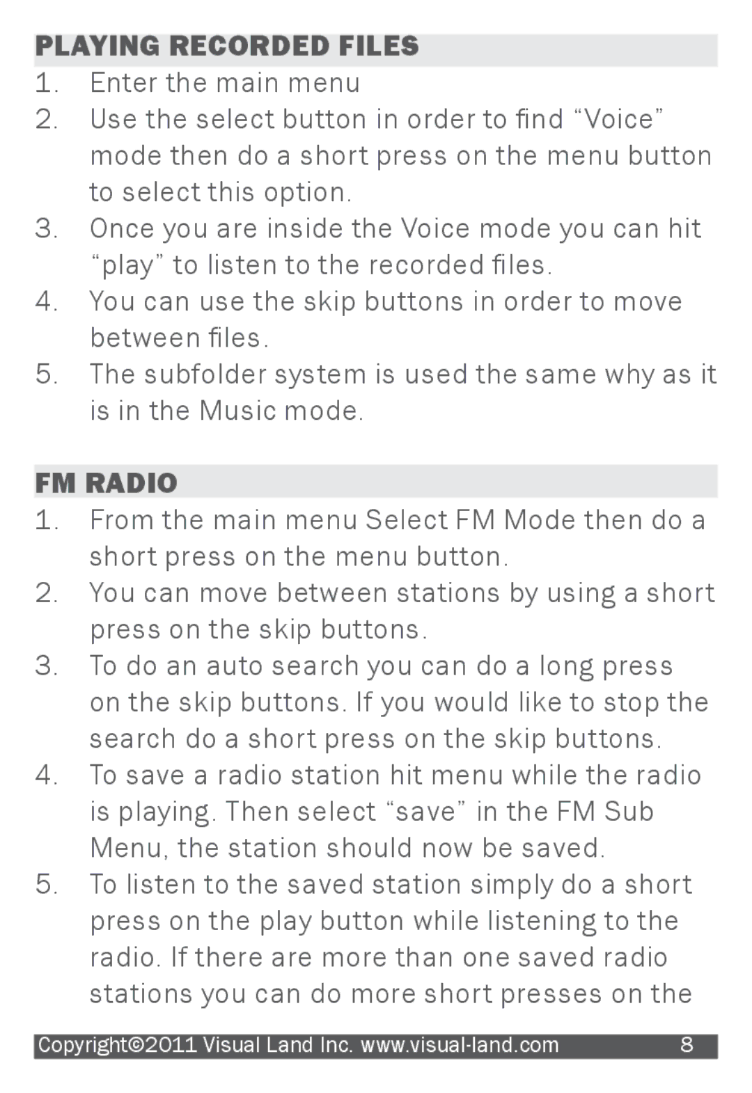 Visual Land 903 manual Playing Recorded Files, FM Radio 