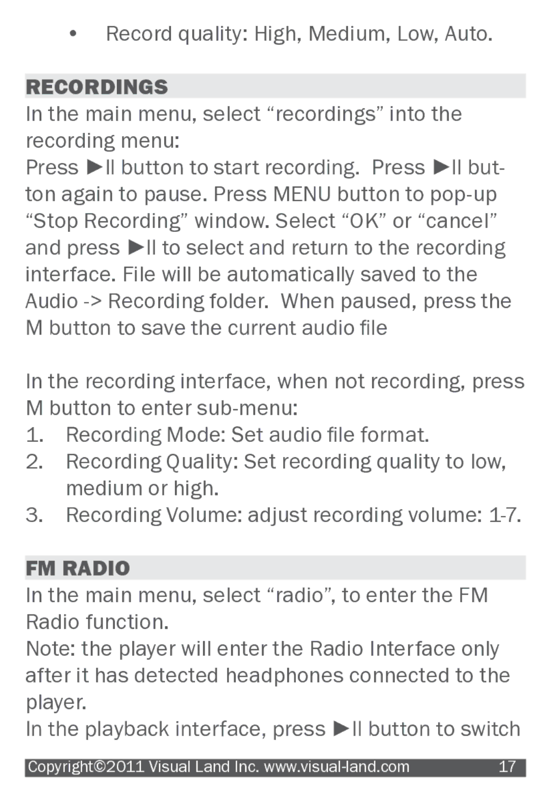 Visual Land 904 manual Recordings, FM Radio 