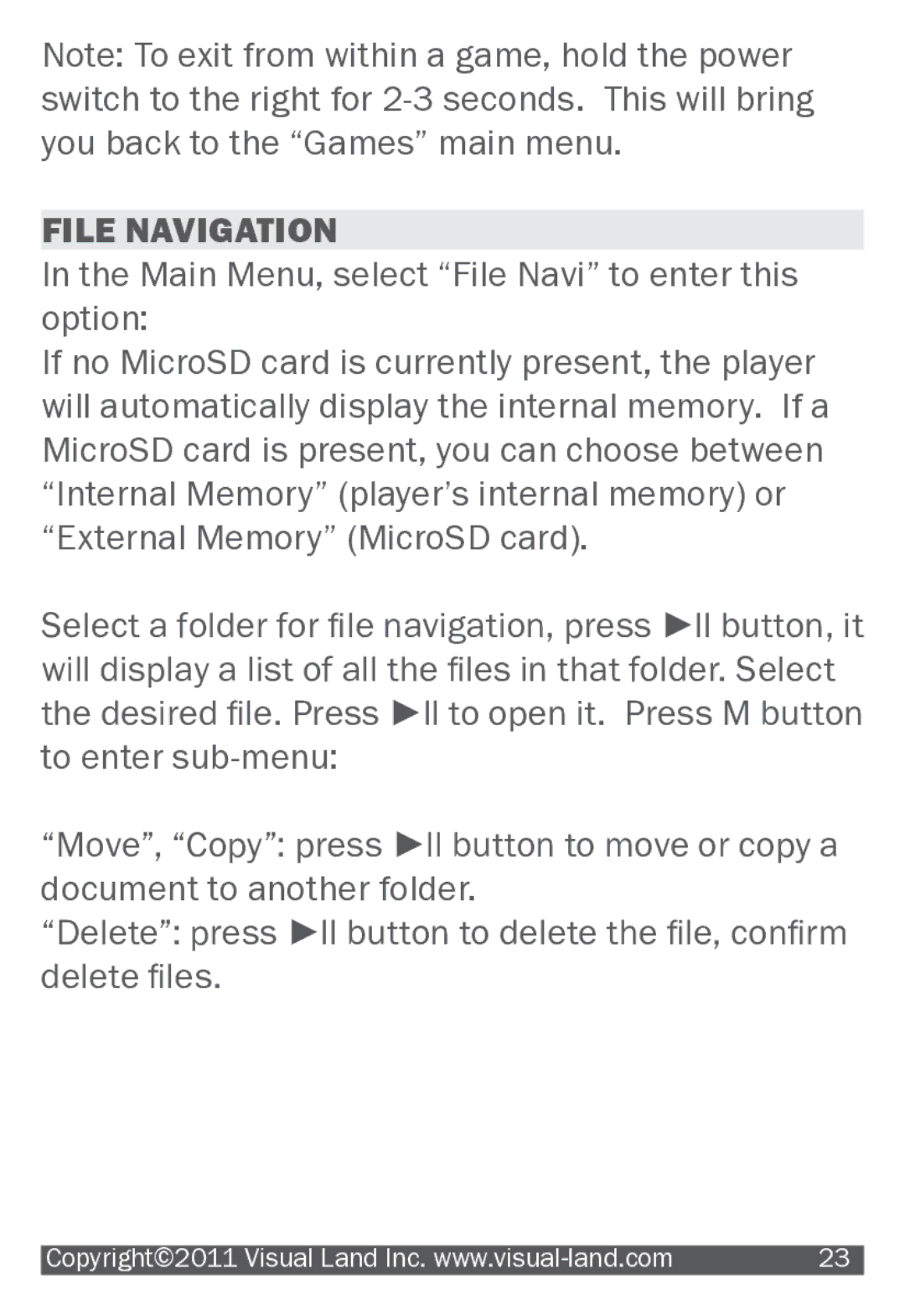 Visual Land 904 manual File Navigation, Main Menu, select File Navi to enter this option 