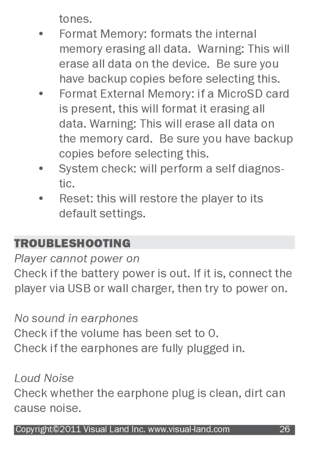 Visual Land 904 manual Tones Format Memory formats the internal, Troubleshooting 