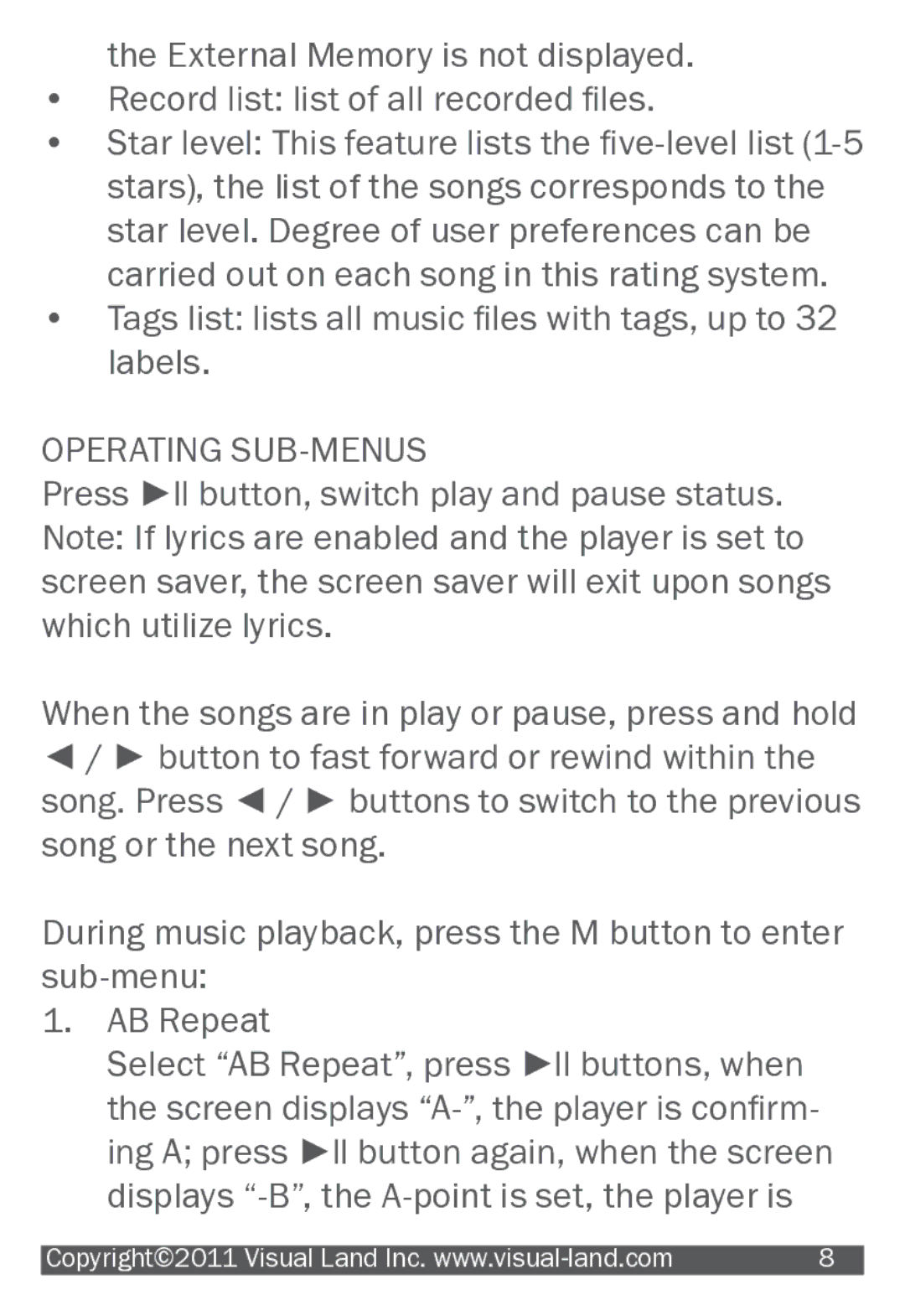 Visual Land 904 manual Operating SUB-MENUS 