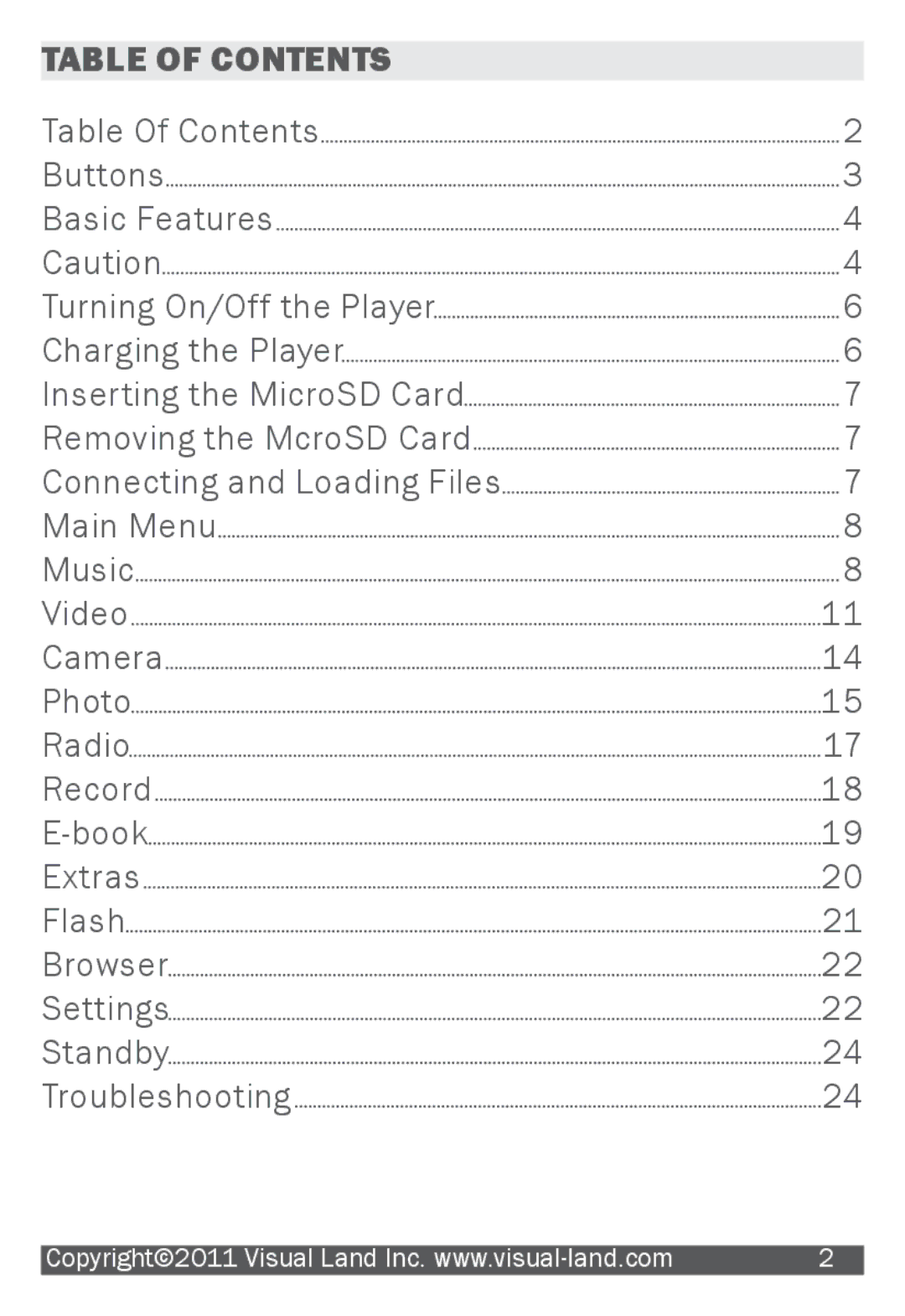 Visual Land 905L manual Table of Contents 