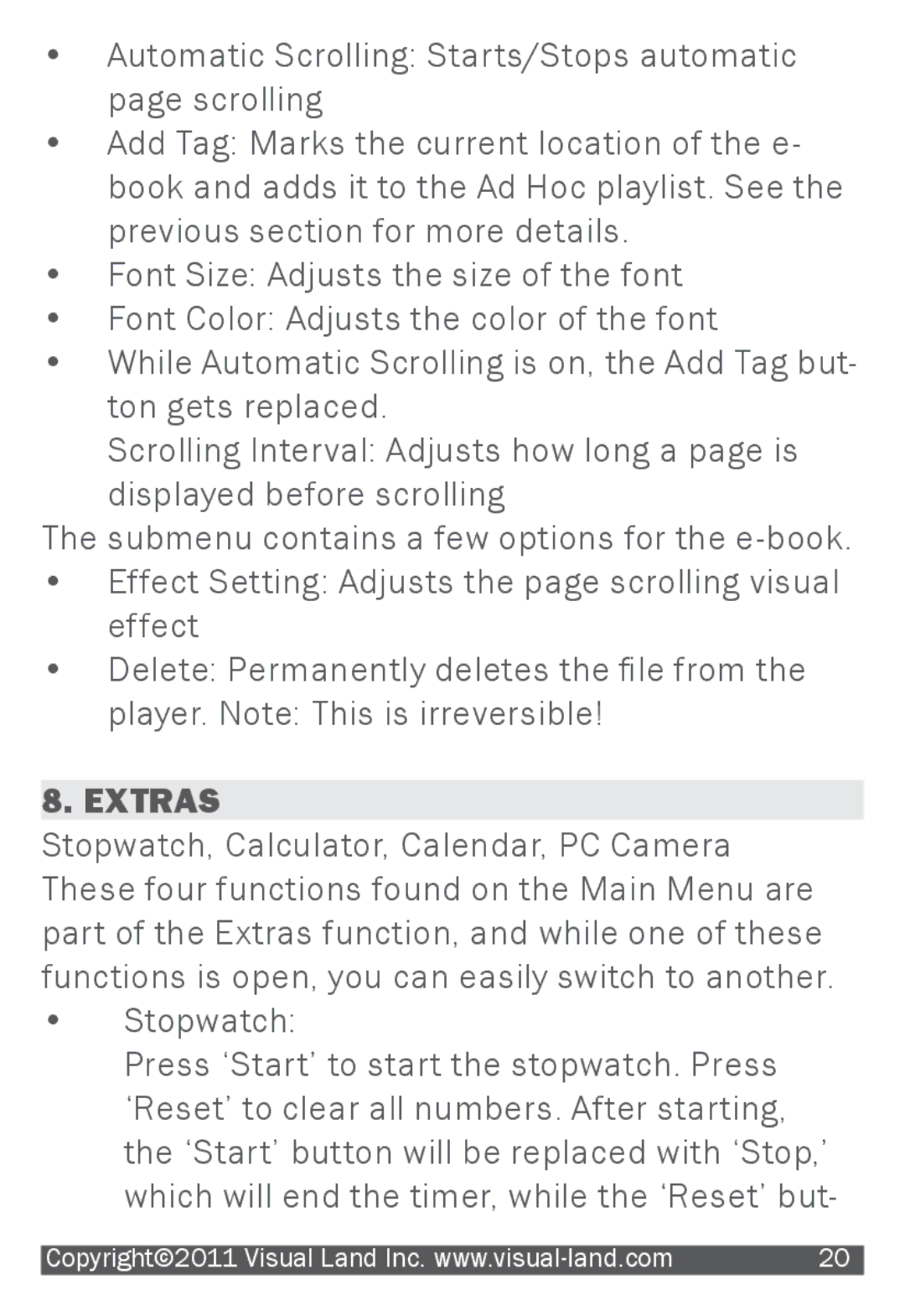 Visual Land 905L manual Extras, Stopwatch 