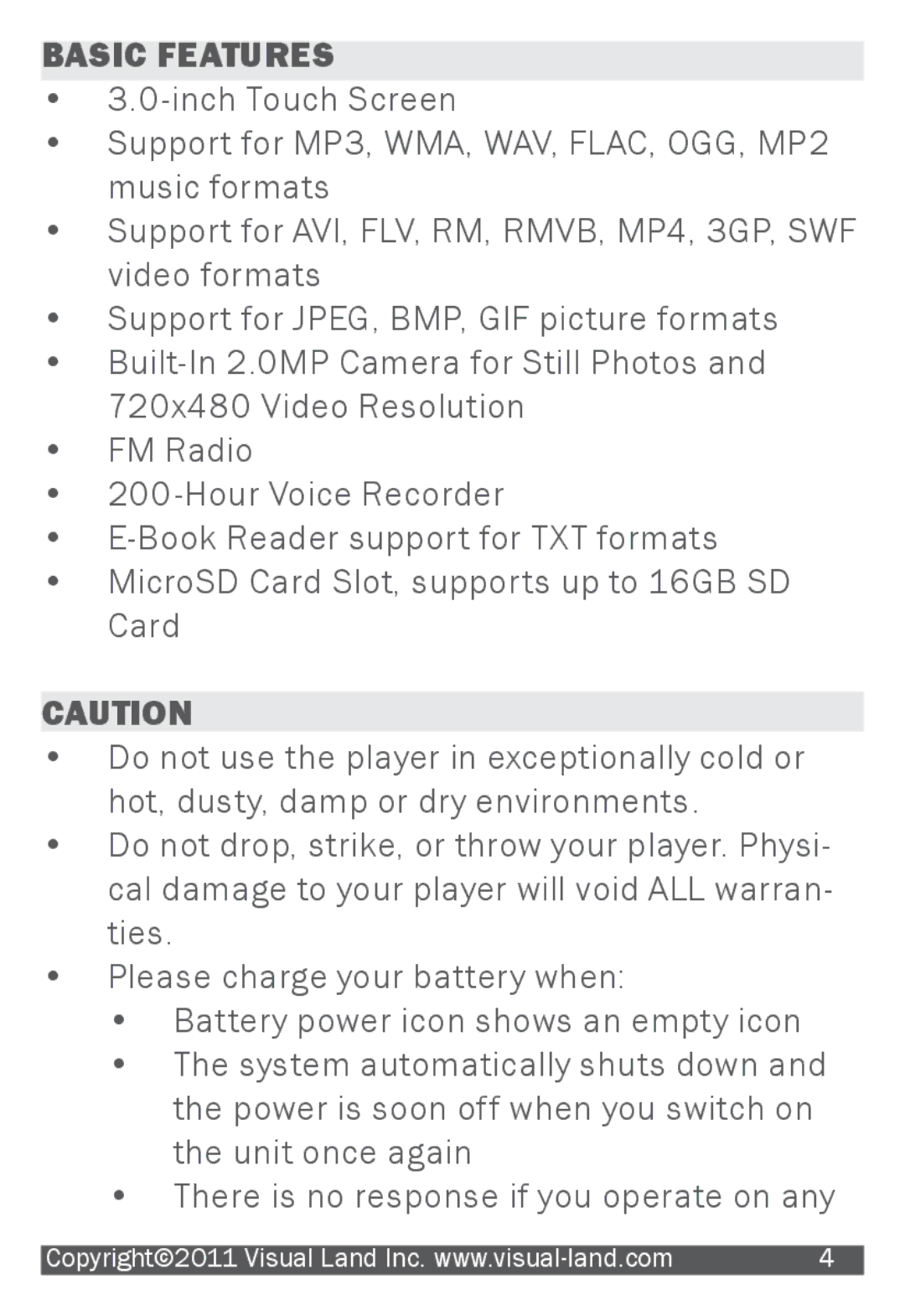 Visual Land 905L manual Basic Features 