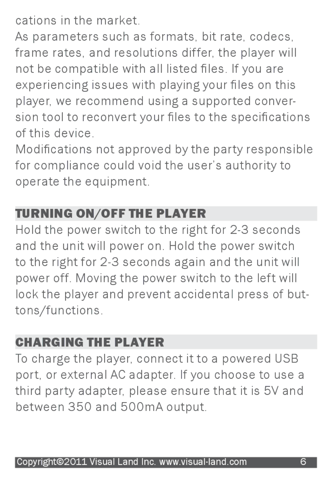 Visual Land 905L manual Turning ON/OFF the Player, Charging the Player 