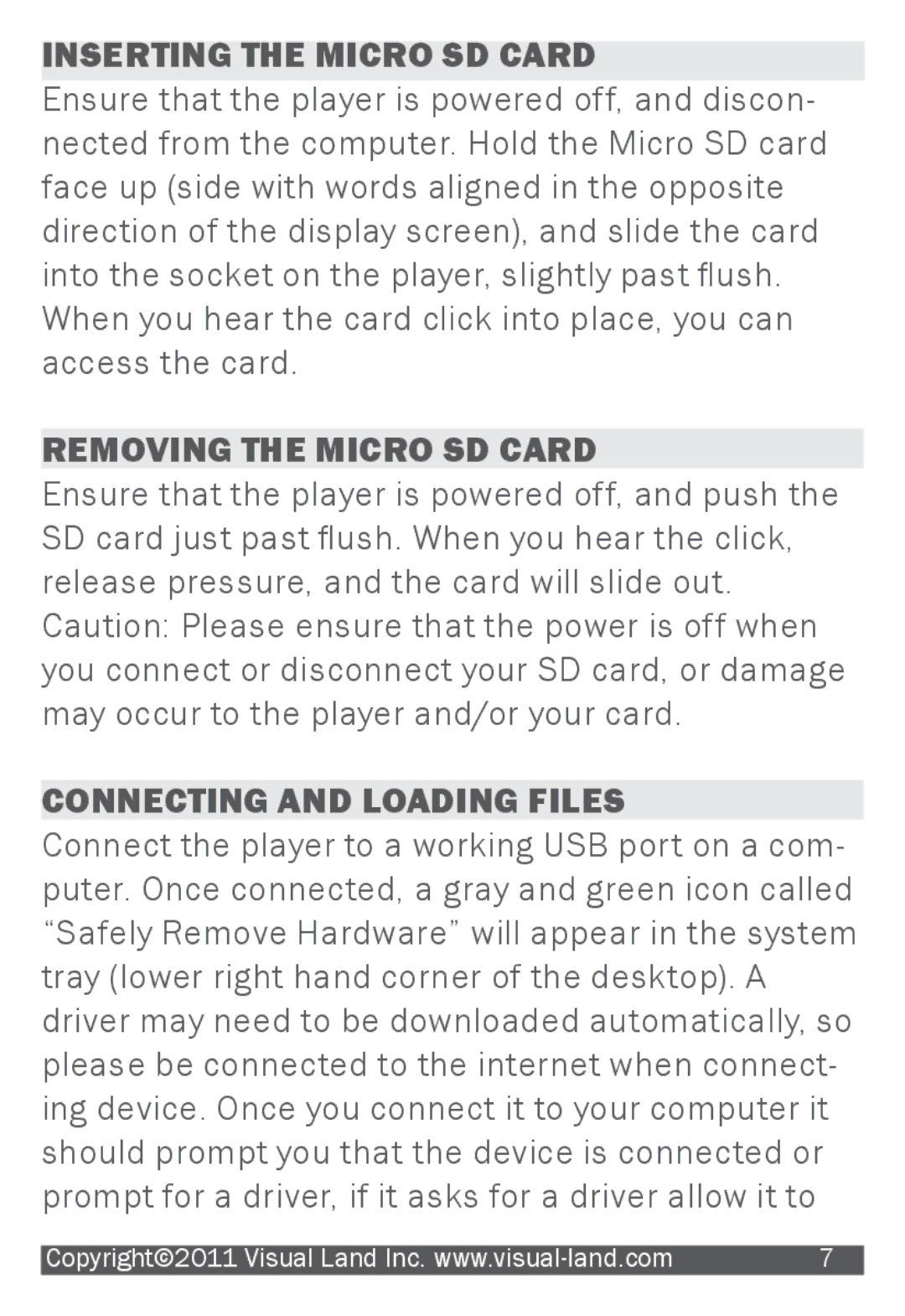 Visual Land 905L manual Inserting the Micro SD Card, Removing the Micro SD Card, Connecting and Loading Files 