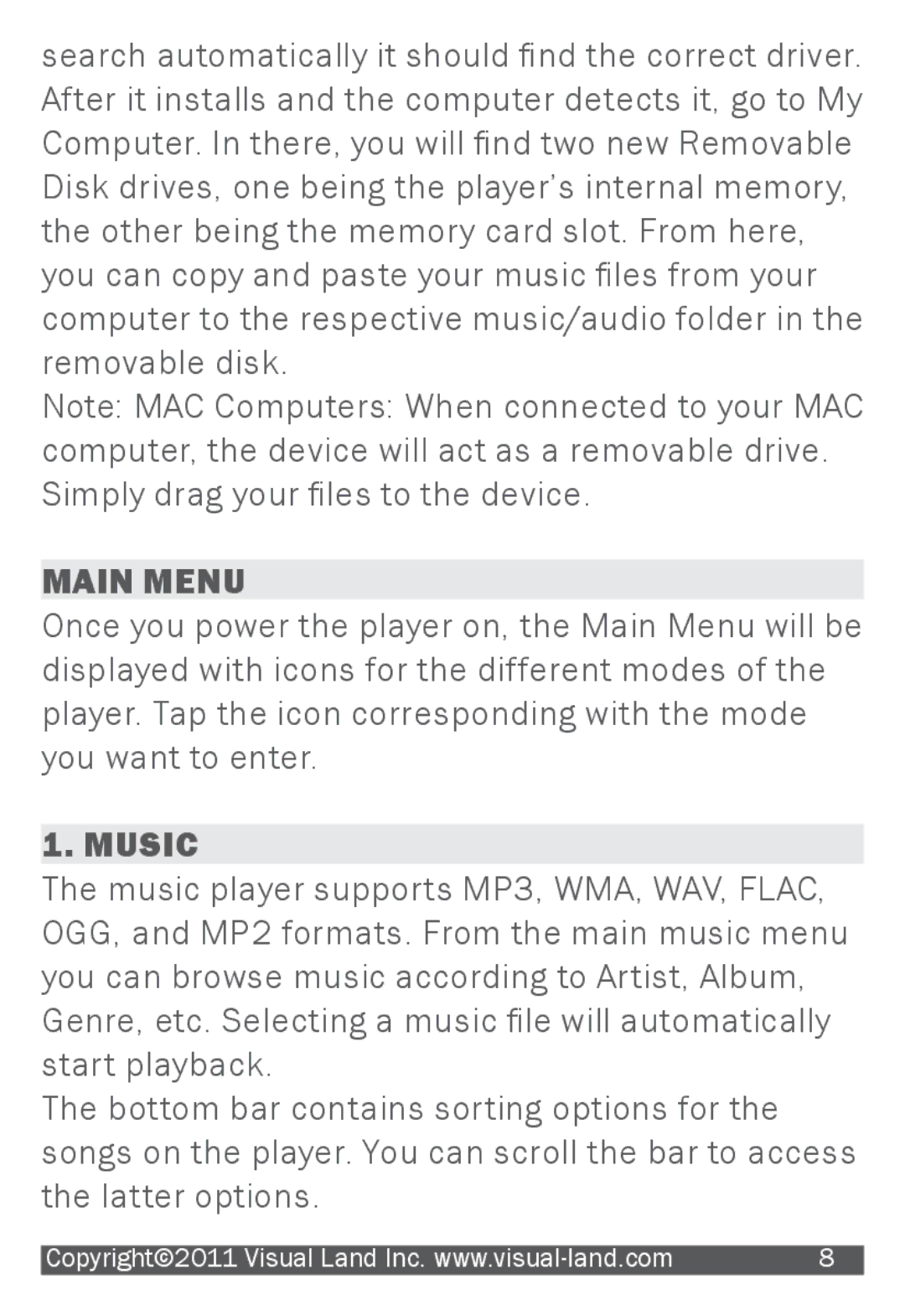 Visual Land 905L manual Main Menu, Music 