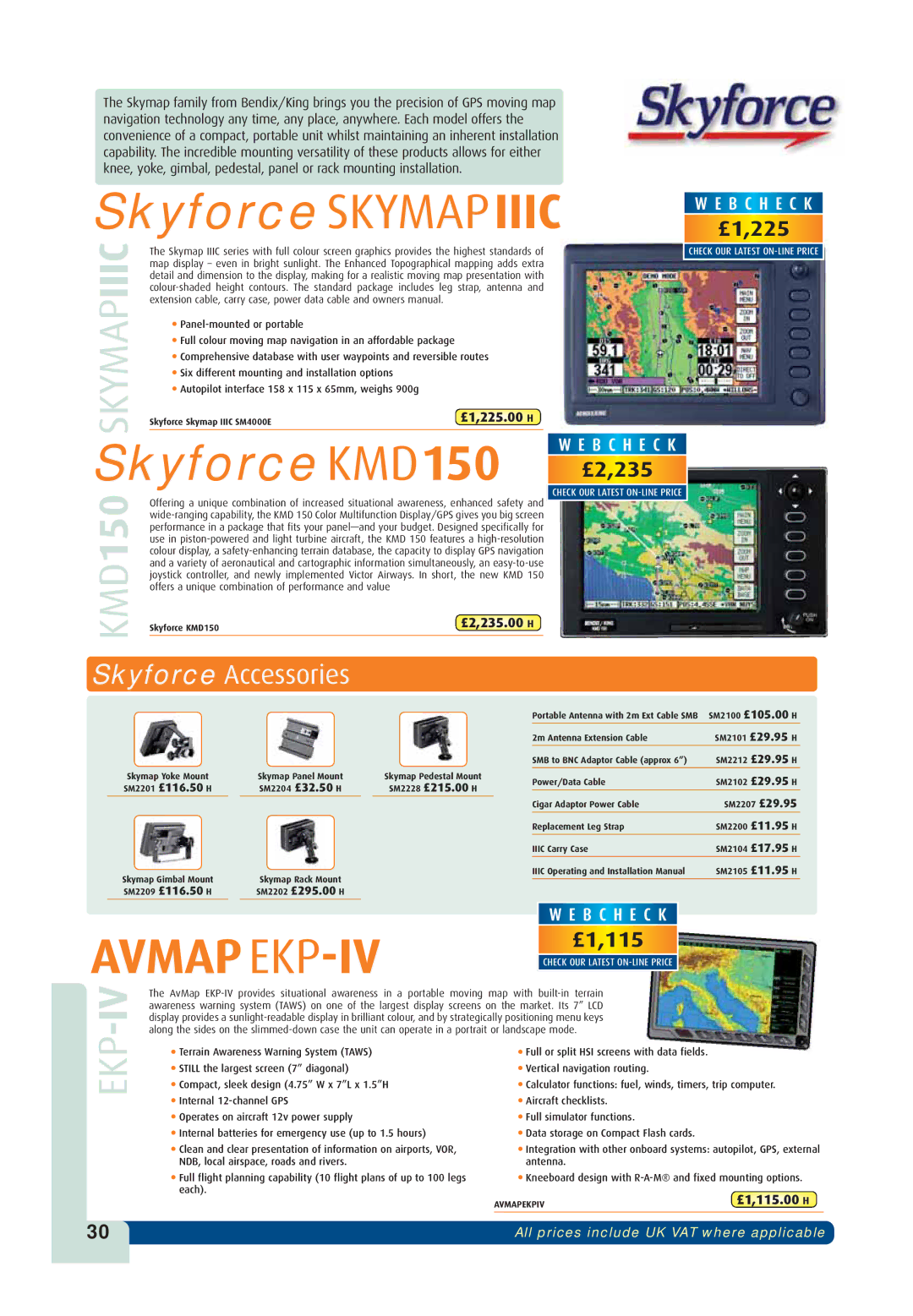 Visual Land GPSMAP 296 owner manual Skyforce Skymapiiic, Skyforce KMD150, £1,225.00 H, £2,235.00 H, £1,115.00 H 